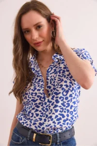 Olalook Women's Leopard Navy Blue Flared Linen Bat Shirt