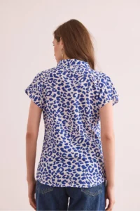 Olalook Women's Leopard Navy Blue Flared Linen Bat Shirt - Image 2