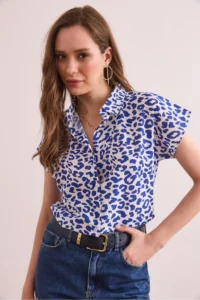 Olalook Women's Leopard Navy Blue Flared Linen Bat Shirt - Image 3