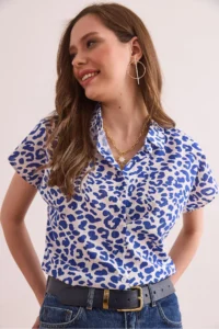 Olalook Women's Leopard Navy Blue Flared Linen Bat Shirt - Image 4