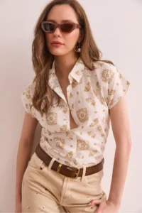 Olalook Women's Motif Beige Flared Linen Content Bat Shirt