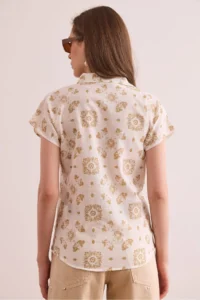 Olalook Women's Motif Beige Flared Linen Content Bat Shirt - Image 2