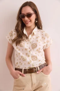 Olalook Women's Motif Beige Flared Linen Content Bat Shirt - Image 3