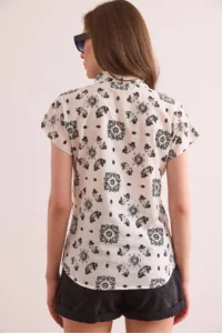 Olalook Women's Motif Black Flamed Linen Content Bat Shirt - Image 2