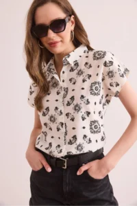 Olalook Women's Motif Black Flamed Linen Content Bat Shirt - Image 3