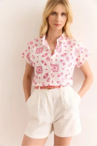 Olalook Women's Motif Fuchsia Flared Linen Content Bat Shirt