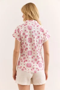 Olalook Women's Motif Fuchsia Flared Linen Content Bat Shirt - Image 2