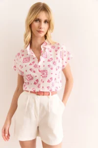 Olalook Women's Motif Fuchsia Flared Linen Content Bat Shirt - Image 3