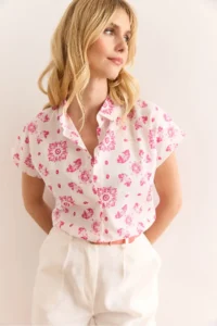 Olalook Women's Motif Fuchsia Flared Linen Content Bat Shirt - Image 4