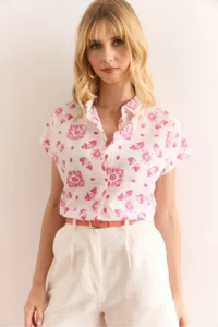Olalook Women's Motif Fuchsia Flared Linen Content Bat Shirt - Image 5