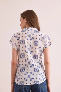 Olalook Women's Motif Navy Blue Flared Linen Content Bat Shirt - Image 2
