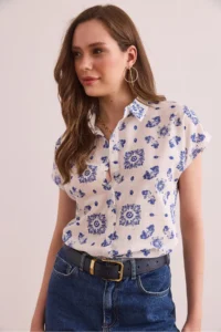 Olalook Women's Motif Navy Blue Flared Linen Content Bat Shirt - Image 3