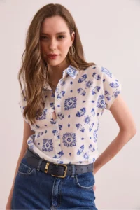 Olalook Women's Motif Navy Blue Flared Linen Content Bat Shirt - Image 4