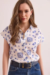 Olalook Women's Motif Navy Blue Flared Linen Content Bat Shirt - Image 5