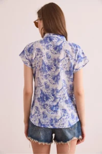 Olalook Women's Daffodil Navy Blue Flared Linen Bat Shirt - Image 2