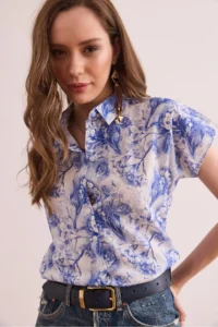Olalook Women's Daffodil Navy Blue Flared Linen Bat Shirt - Image 3
