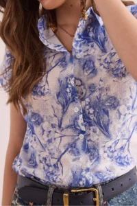 Olalook Women's Daffodil Navy Blue Flared Linen Bat Shirt - Image 5