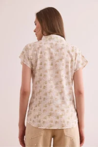 Olalook Women's Pixel Beige Flared Linen Bat Shirt - Image 2