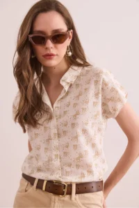Olalook Women's Pixel Beige Flared Linen Bat Shirt - Image 3