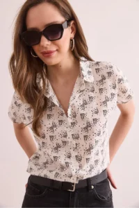 Olalook Women's Pixel Black Flamed Linen Bat Shirt - Image 3