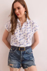Olalook Women's Pixel Navy Blue Flamed Linen Bat Shirt