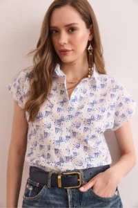 Olalook Women's Pixel Navy Blue Flamed Linen Bat Shirt - Image 3