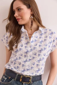 Olalook Women's Pixel Navy Blue Flamed Linen Bat Shirt - Image 4