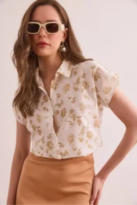 Olalook Women's Rose Beige Flared Linen Content Bat Shirt