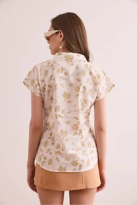 Olalook Women's Rose Beige Flared Linen Content Bat Shirt - Image 2