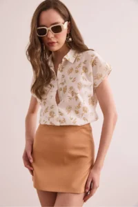 Olalook Women's Rose Beige Flared Linen Content Bat Shirt - Image 4