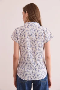 Olalook Women's Tiny Floral Navy Blue Flared Linen Bat Shirt - Image 2