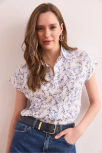 Olalook Women's Tiny Floral Navy Blue Flared Linen Bat Shirt - Image 3