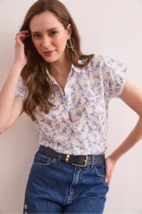 Olalook Women's Tiny Floral Navy Blue Flared Linen Bat Shirt - Image 5