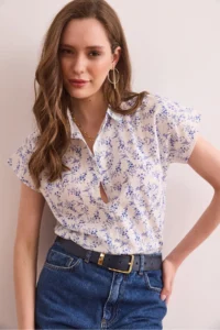 Olalook Women's Tiny Floral Navy Blue Flared Linen Bat Shirt - Image 6