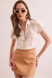 Olalook Women's Leaf Beige Flared Linen Content Bat Shirt