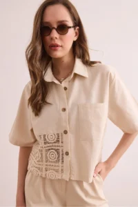 Olalook Women's Ecru Single Pocket Guipure Detailed Cotton Gabardine Shirt - Image 2