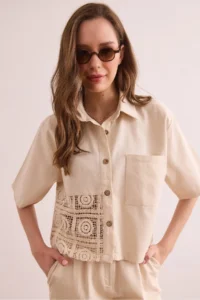 Olalook Women's Ecru Single Pocket Guipure Detailed Cotton Gabardine Shirt - Image 3