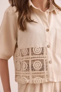 Olalook Women's Ecru Single Pocket Guipure Detailed Cotton Gabardine Shirt - Image 4