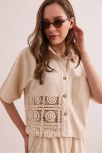 Olalook Women's Ecru Single Pocket Guipure Detailed Cotton Gabardine Shirt - Image 5