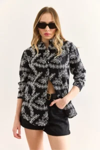 Olalook Women's Black Geometric Scallop Detailed Shirt - Image 3