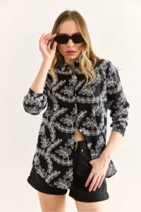 Olalook Women's Black Geometric Scallop Detailed Shirt - Image 4