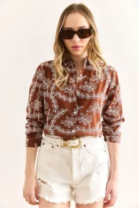 Olalook Women's Brown Geometric Scallop Detailed Shirt