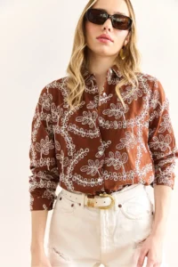Olalook Women's Brown Geometric Scallop Detailed Shirt - Image 3
