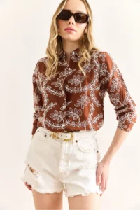 Olalook Women's Brown Geometric Scallop Detailed Shirt - Image 4