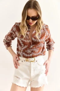 Olalook Women's Brown Geometric Scallop Detailed Shirt - Image 5