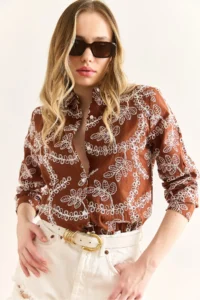Olalook Women's Brown Geometric Scallop Detailed Shirt - Image 6