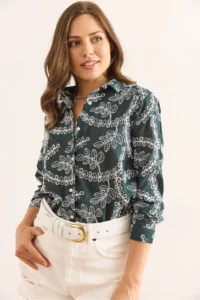 Olalook Women's Emerald Green Geometric Scallop Detailed Shirt - Image 3