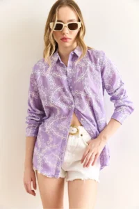 Olalook Women's Lilac Geometric Scallop Detailed Shirt - Image 5