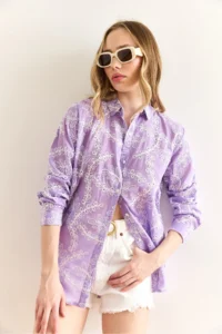 Olalook Women's Lilac Geometric Scallop Detailed Shirt - Image 6
