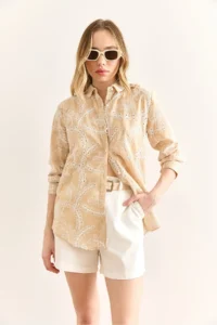 Olalook Women's Stone Geometric Scallop Detailed Shirt - Image 3